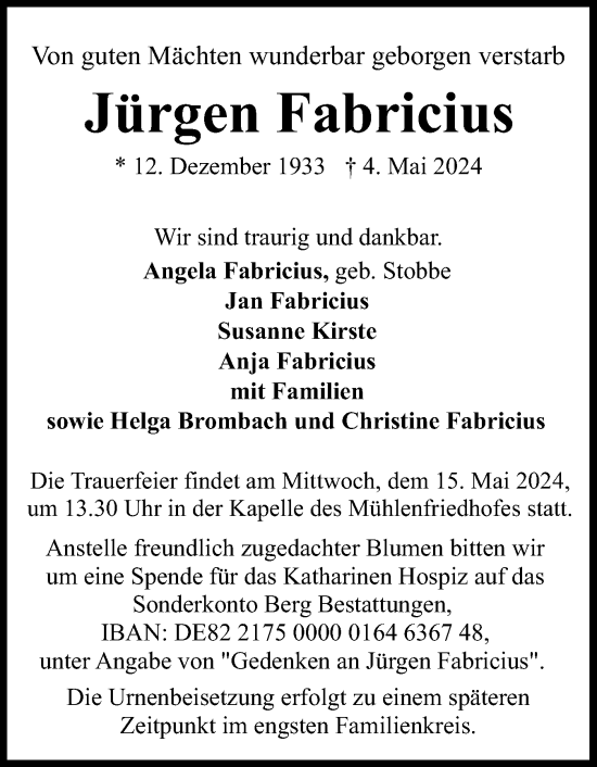 Traueranzeige von Jürgen Fabricius von Flensburger Tageblatt