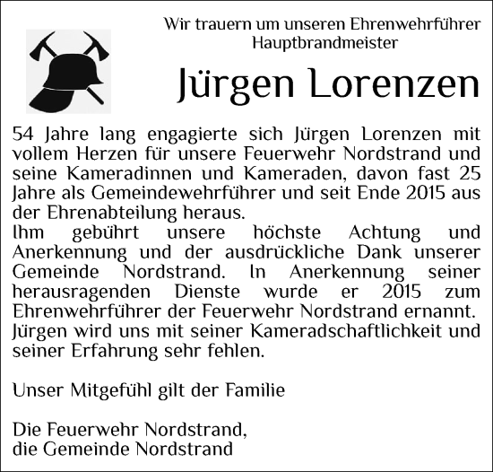 Traueranzeige von Jürgen Lorenzen von Husumer Nachrichten, Nordfriesland Tageblatt