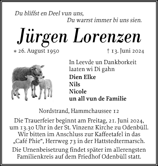 Traueranzeige von Jürgen Lorenzen von Husumer Nachrichten, Nordfriesland Tageblatt