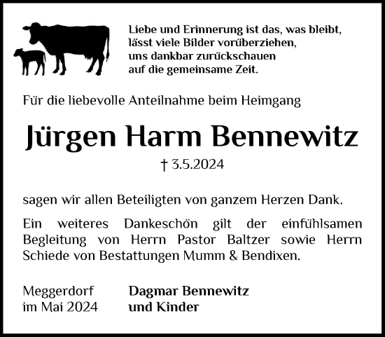 Traueranzeige von Jürgen Harm Bennewitz von Schleswig-Holsteinische Landeszeitung