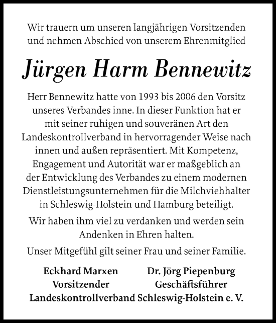 Traueranzeige von Jürgen Harm Bennewitz von Schleswig-Holsteinische Landeszeitung