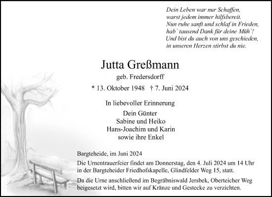 Traueranzeige von Jutta Greßmann von Stormaner Tageblatt