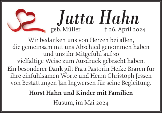 Traueranzeige von Jutta Hahn von Husumer Nachrichten, Nordfriesland Tageblatt