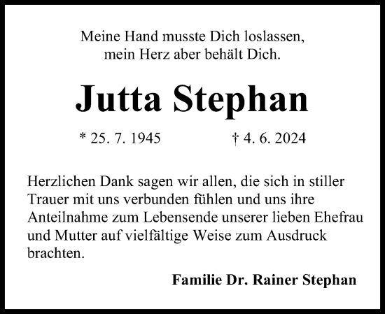 Traueranzeige von Jutta Stephan von Norddeutsche Rundschau, Wilstersche Zeitung, Glückstädter Fortuna