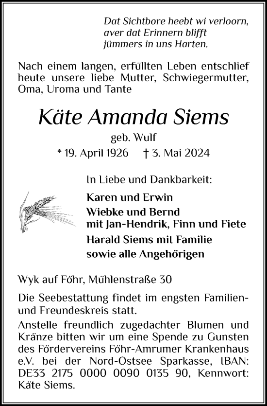 Traueranzeige von Käte Amanda Siems von Der Insel-Bote