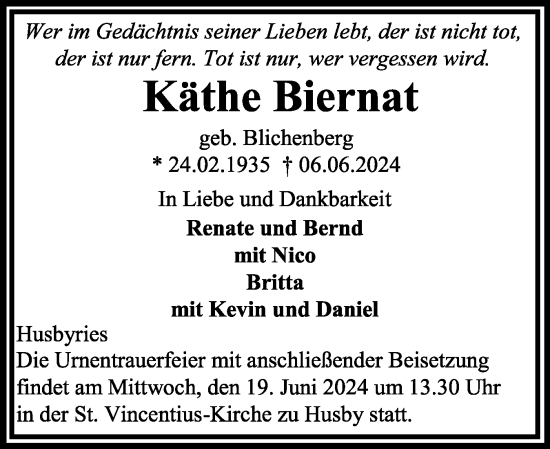 Traueranzeige von Käthe Biernat von Flensburger Tageblatt