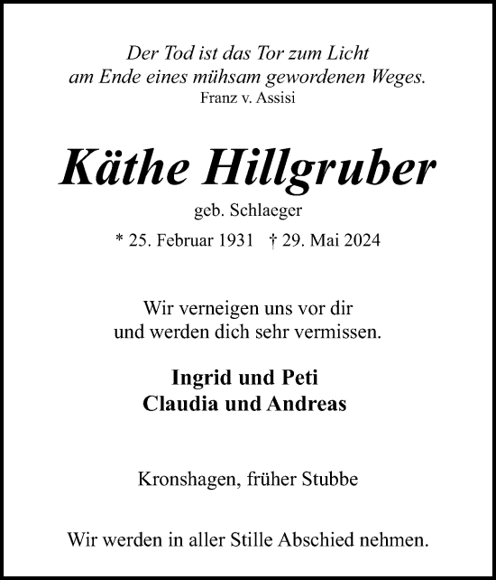 Traueranzeige von Käthe Hillgruber von Eckernförder Zeitung, Hallo Eckernförde