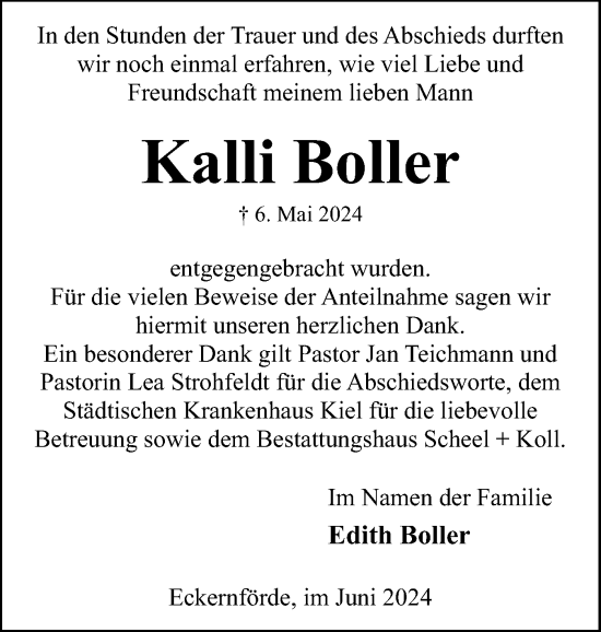 Traueranzeige von Kalli Boller von Eckernförder Zeitung, Hallo Eckernförde