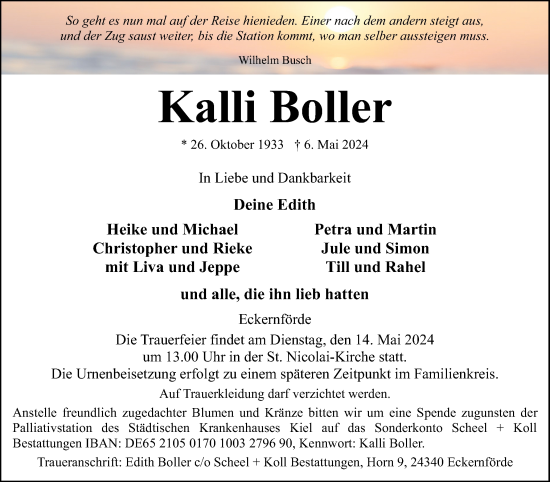 Traueranzeige von Kalli Boller von Eckernförder Zeitung