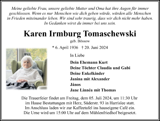 Traueranzeige von Karen Irmburg Tomaschewski von Flensburger Tageblatt