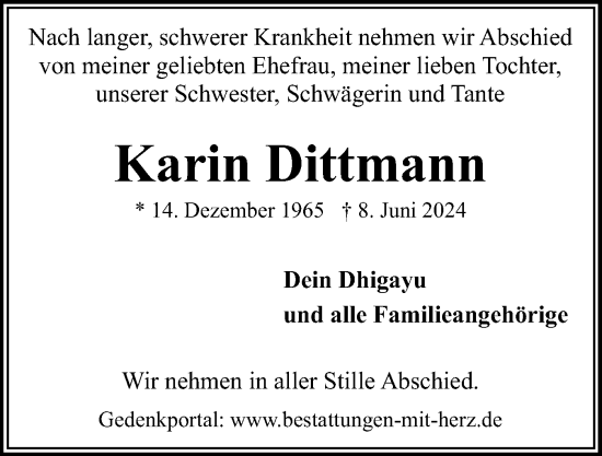 Traueranzeige von Karin Dittmann von Flensburger Tageblatt