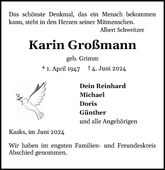 Traueranzeige von Karin Großmann von Norddeutsche Rundschau, Wilstersche Zeitung, Glückstädter Fortuna