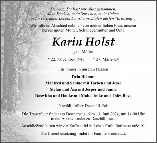 Traueranzeige von Karin Holst von Husumer Nachrichten, Nordfriesland Tageblatt