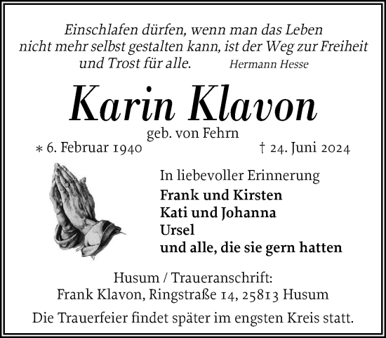 Traueranzeige von Karin Klavon von Husumer Nachrichten, Nordfriesland Tageblatt