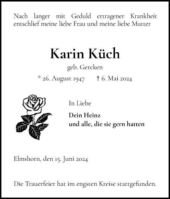 Traueranzeige von Karin Küch von Elmshorner Nachrichten, Barmstedter Zeitung