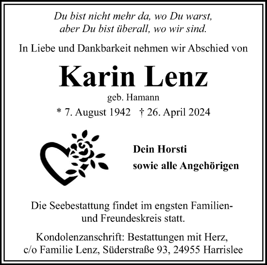 Traueranzeige von Karin Lenz von Flensburger Tageblatt
