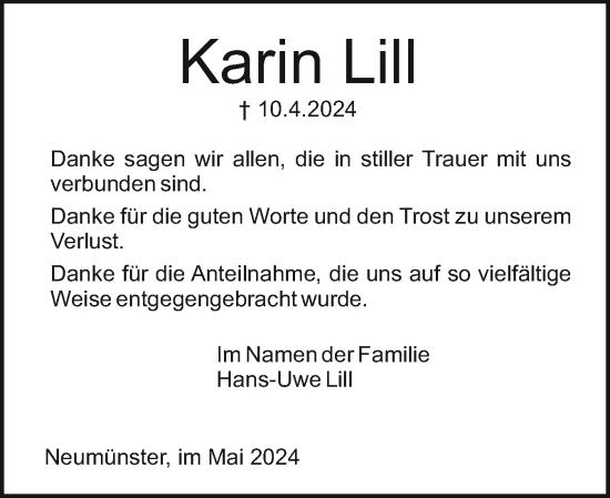 Traueranzeige von Karin Lill von Holsteinischer Courier