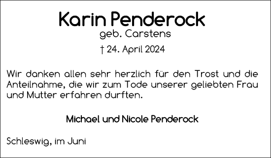 Traueranzeige von Karin Penderock von Schleswiger Nachrichten, Schlei-Bote