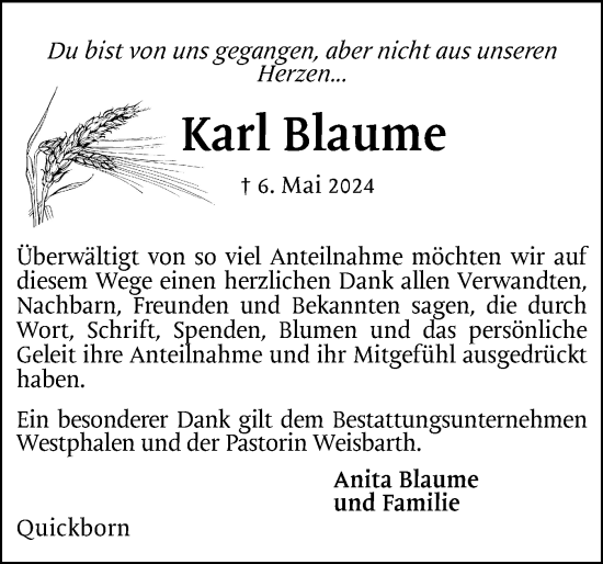 Traueranzeige von Karl Blaume von Region Pinneberg und tip Pinneberg