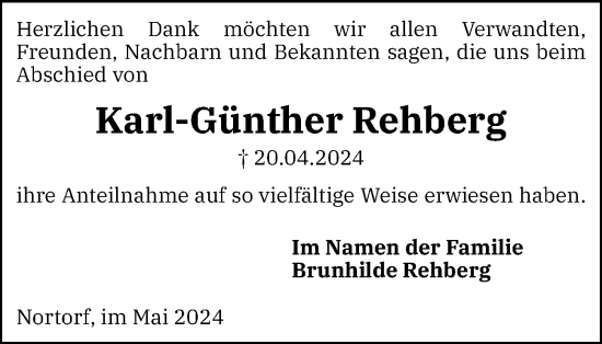 Traueranzeige von Karl-Günther Rehberg von Norddeutsche Rundschau, Wilstersche Zeitung, Glückstädter Fortuna
