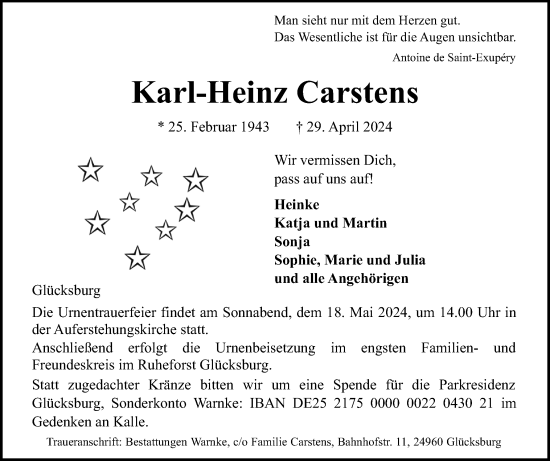 Traueranzeige von Karl-Heinz Carstens von Flensburger Tageblatt