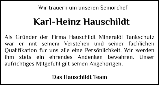 Traueranzeige von Karl-Heinz Hauschildt von Holsteinischer Courier