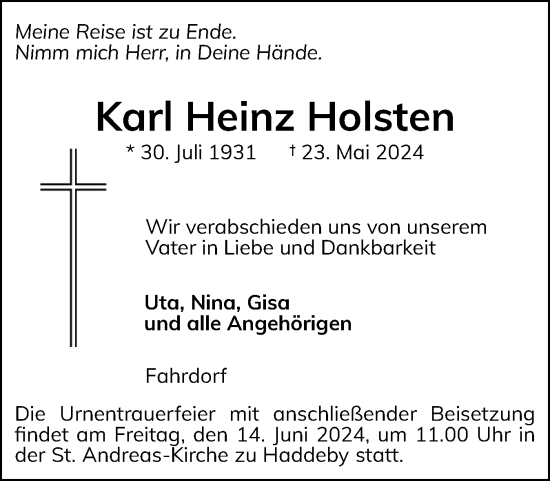 Traueranzeige von Karl Heinz Holsten von Schleswiger Nachrichten, Schlei-Bote