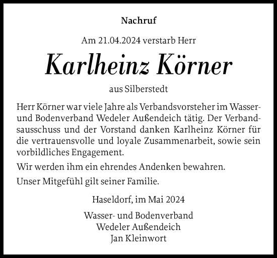 Traueranzeige von Karlheinz Körner von Wedel-Schulauer Tageblatt, tip Wedel-Schulauer Tageblatt, tip Rissener Rundschau