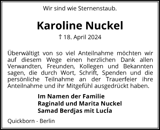 Traueranzeige von Karoline Nuckel von Region Pinneberg und tip Pinneberg