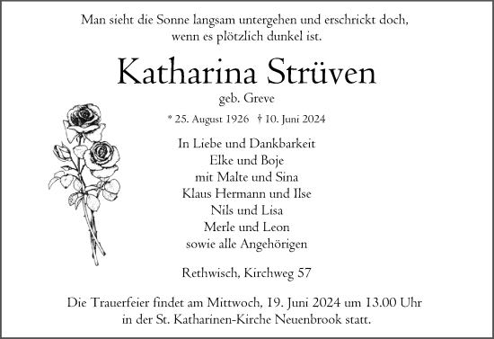 Traueranzeige von Katharina Strüven von Norddeutsche Rundschau, Wilstersche Zeitung, Glückstädter Fortuna