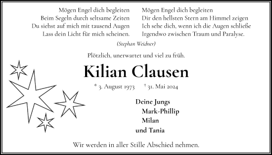 Traueranzeige von Kilian Clausen von Flensburger Tageblatt, Schleswiger Nachrichten, Schlei-Bote