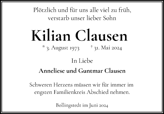 Traueranzeige von Kilian Clausen von Schleswiger Nachrichten, Schlei-Bote