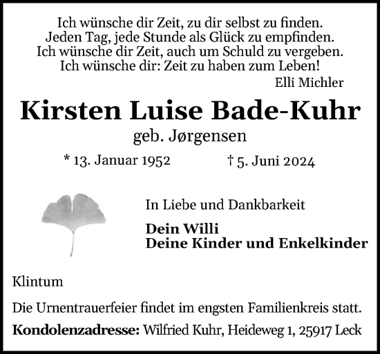 Traueranzeige von Kirsten Luise Bade-Kuhr von Husumer Nachrichten, Nordfriesland Tageblatt