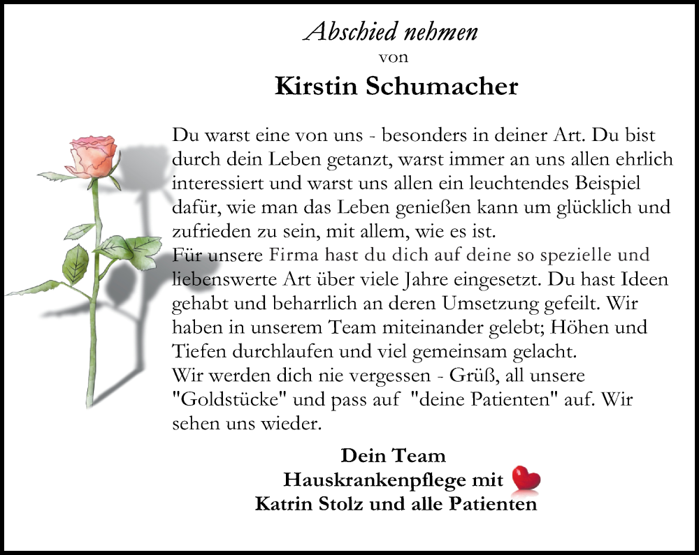  Traueranzeige für Kirstin Schumacher vom 11.05.2024 aus Stormaner Tageblatt