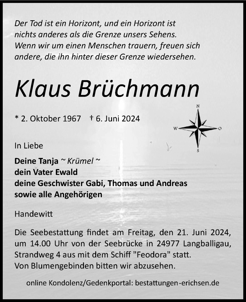  Traueranzeige für Klaus Brüchmann vom 11.06.2024 aus Flensburger Tageblatt
