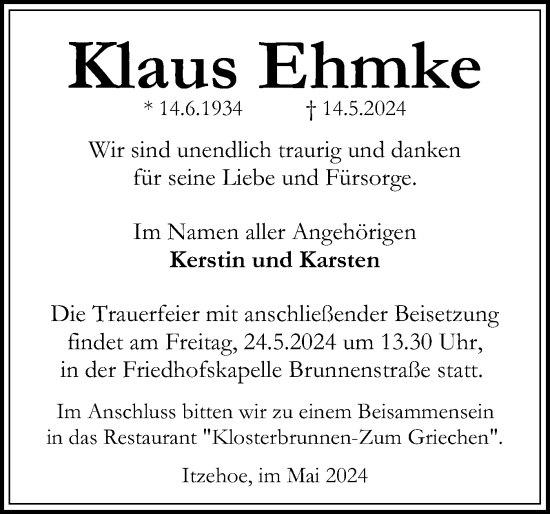 Traueranzeige von Klaus Ehmke von Norddeutsche Rundschau, Wilstersche Zeitung, Glückstädter Fortuna