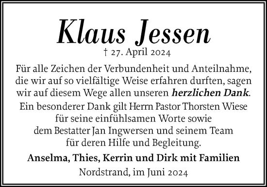 Traueranzeige von Klaus Jessen von Husumer Nachrichten, Nordfriesland Tageblatt