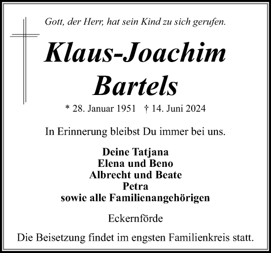 Traueranzeige von Klaus-Joachim Bartels von Eckernförder Zeitung, Hallo Eckernförde