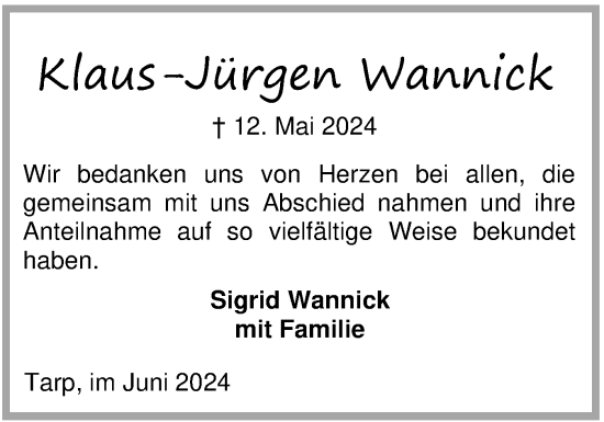 Traueranzeige von Klaus-Jürgen Wannick von Flensburger Tageblatt, Schleswiger Nachrichten, Schlei-Bote