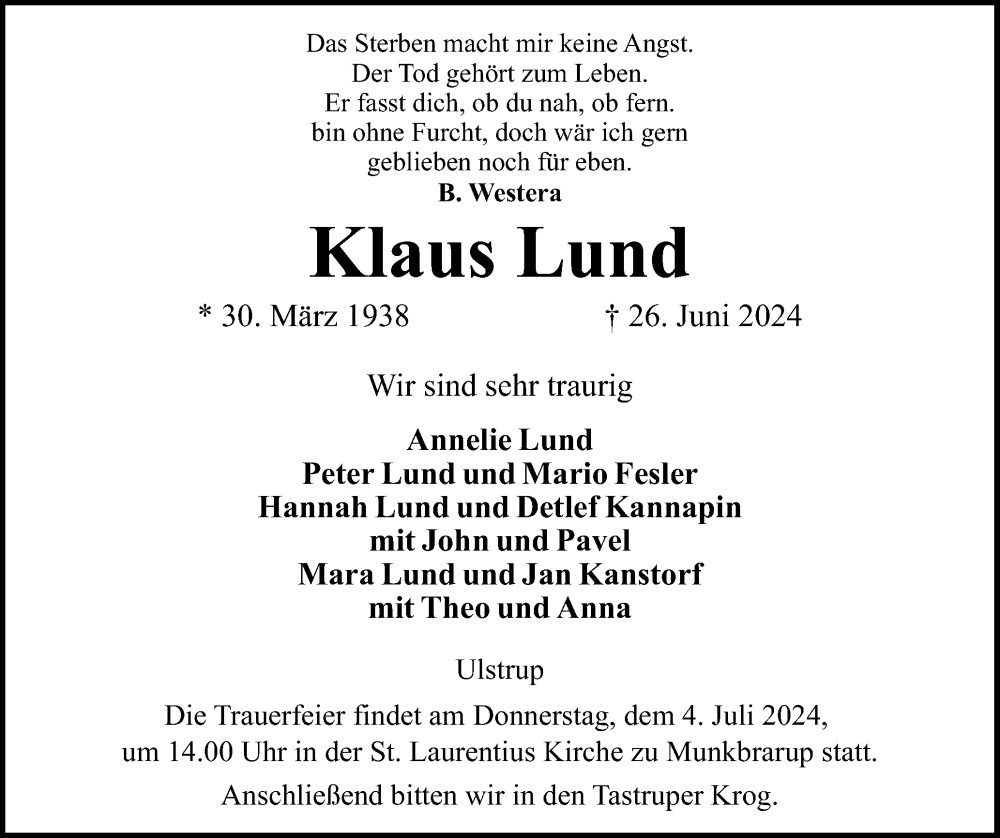  Traueranzeige für Klaus Lund vom 29.06.2024 aus Flensburger Tageblatt