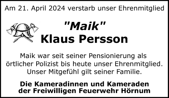 Traueranzeige von Klaus Persson von Sylter Rundschau