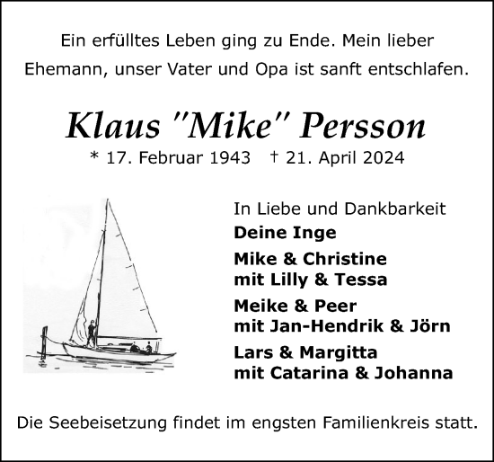 Traueranzeige von Klaus Persson von Sylter Rundschau