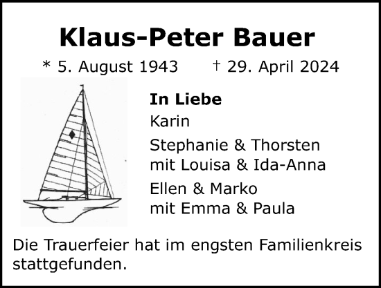 Traueranzeige von Klaus-Peter Bauer von Flensburger Tageblatt