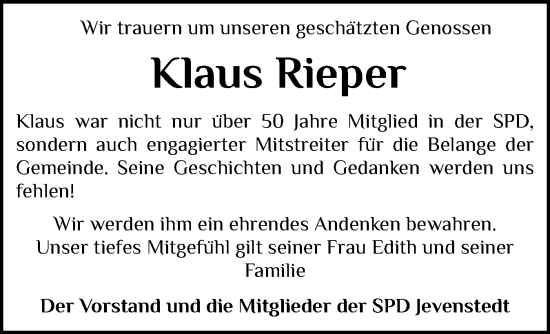 Traueranzeige von Klaus Rieper von Schleswig-Holsteinische Landeszeitung