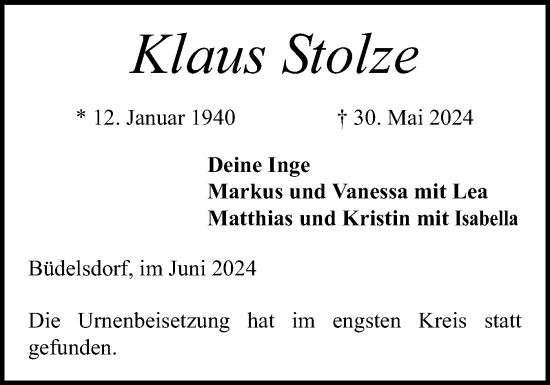 Traueranzeige von Klaus Stolze von Schleswig-Holsteinische Landeszeitung