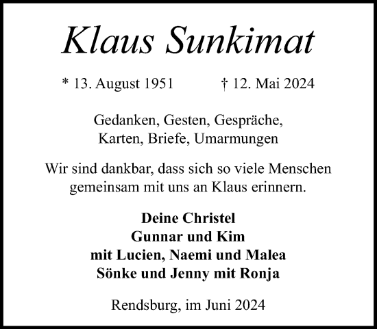 Traueranzeige von Klaus Sunkimat von Schleswig-Holsteinische Landeszeitung