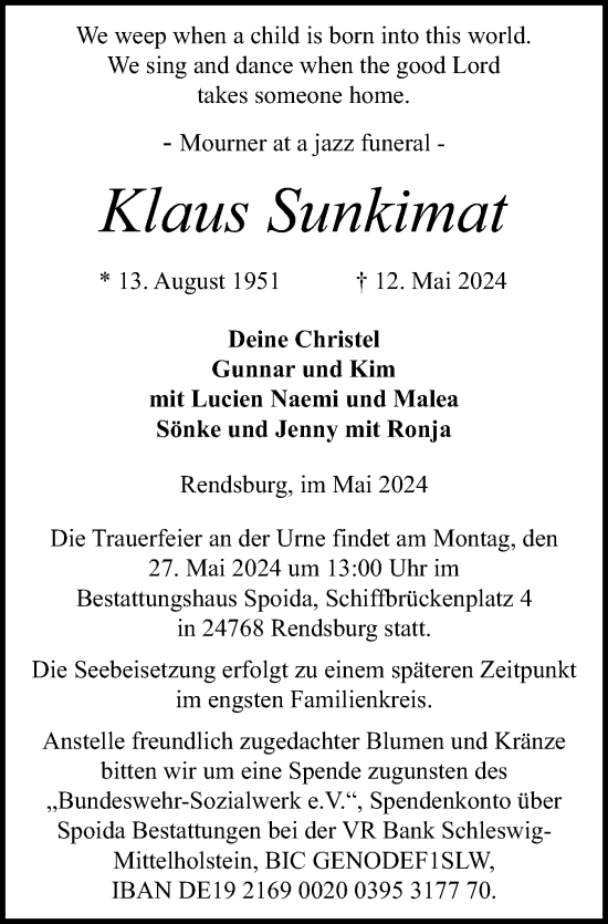 Traueranzeige von Klaus Sunkimat von Schleswig-Holsteinische Landeszeitung