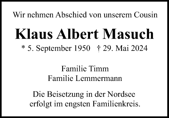 Traueranzeige von Klaus Albert Masuch von Region Pinneberg und tip Pinneberg