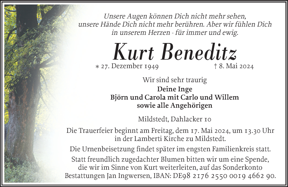  Traueranzeige für Kurt Beneditz vom 11.05.2024 aus Husumer Nachrichten, Nordfriesland Tageblatt