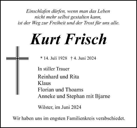 Traueranzeige von Kurt Frisch von Norddeutsche Rundschau, Wilstersche Zeitung, Glückstädter Fortuna